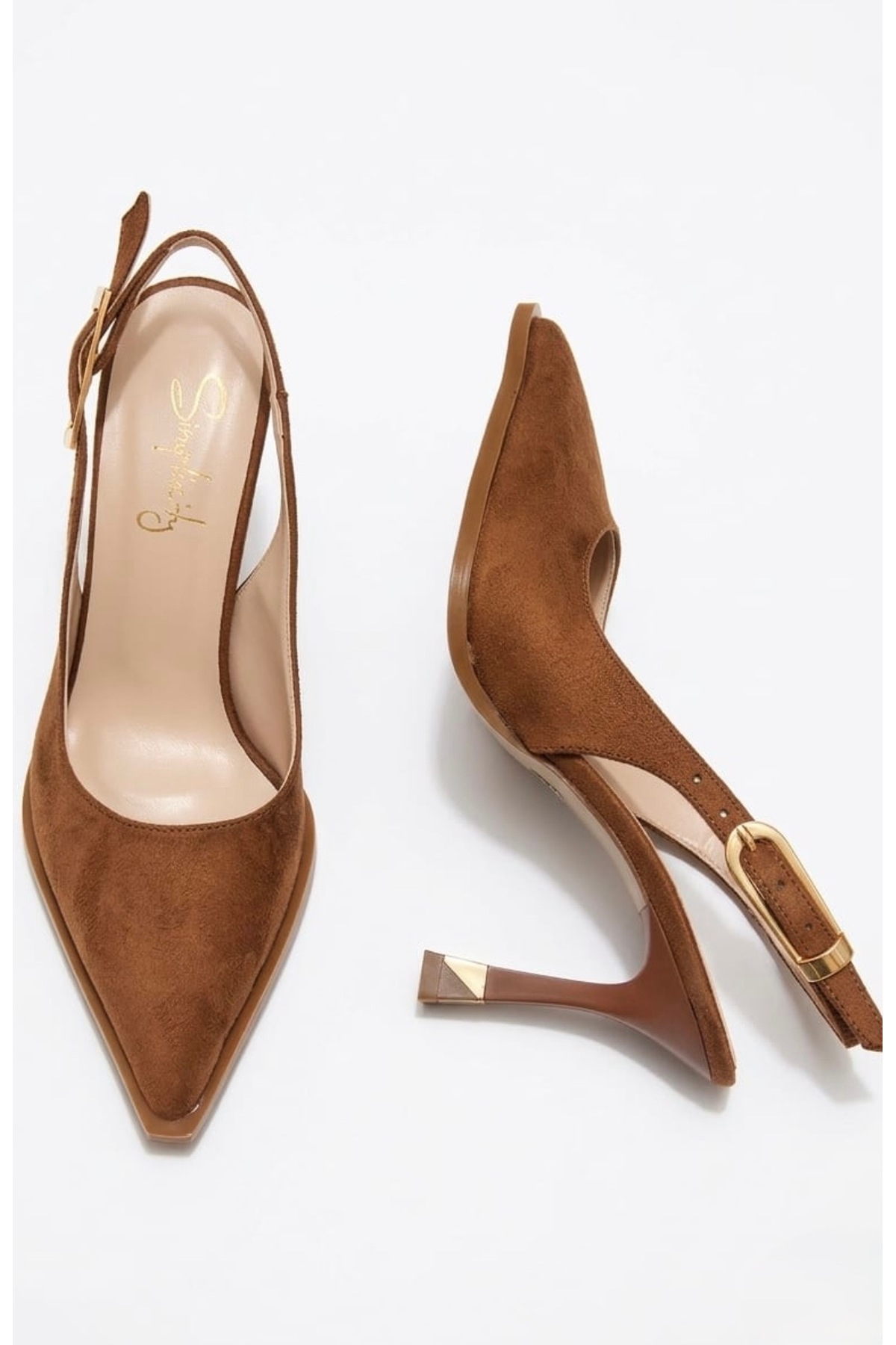 simplicity  Taba Süet Sivri Burun Kalın Taban Arkası Açık Gold Detaylı Topuklu Ayakkabı - Stiletto