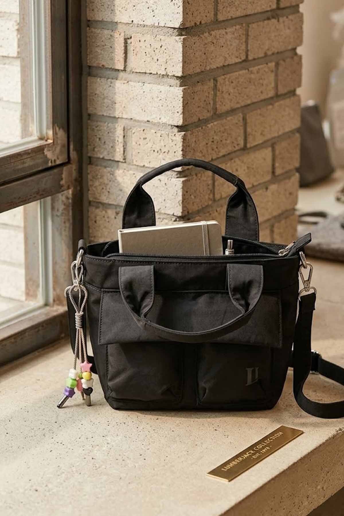 バッグ Caristyle Lumberjack Kadın Siyah El ve Omuz Çantası - Çok Bölmeli Tote Bag