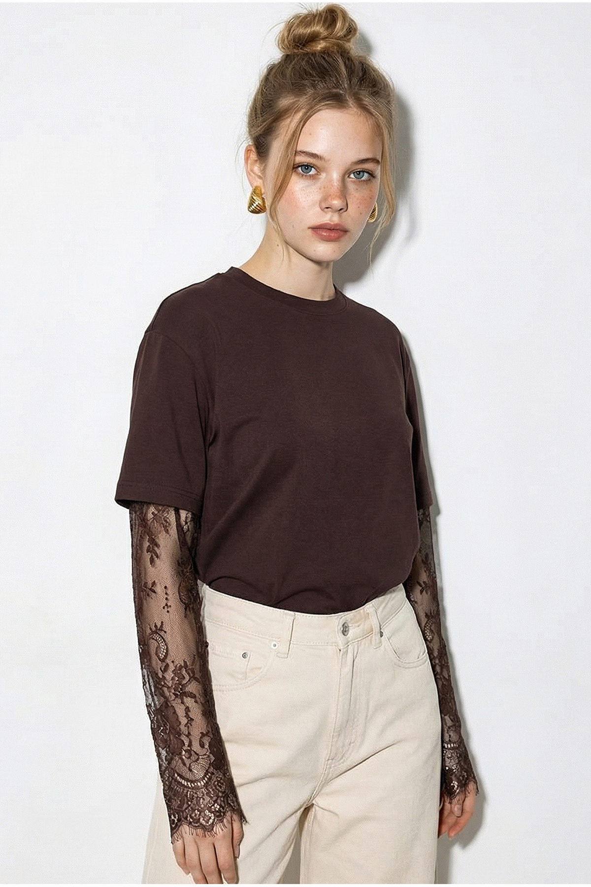 Bianco Lucci Women's Crew Neck Lace Sleeve Oversize Cotton T-Shirt 1049 60286075