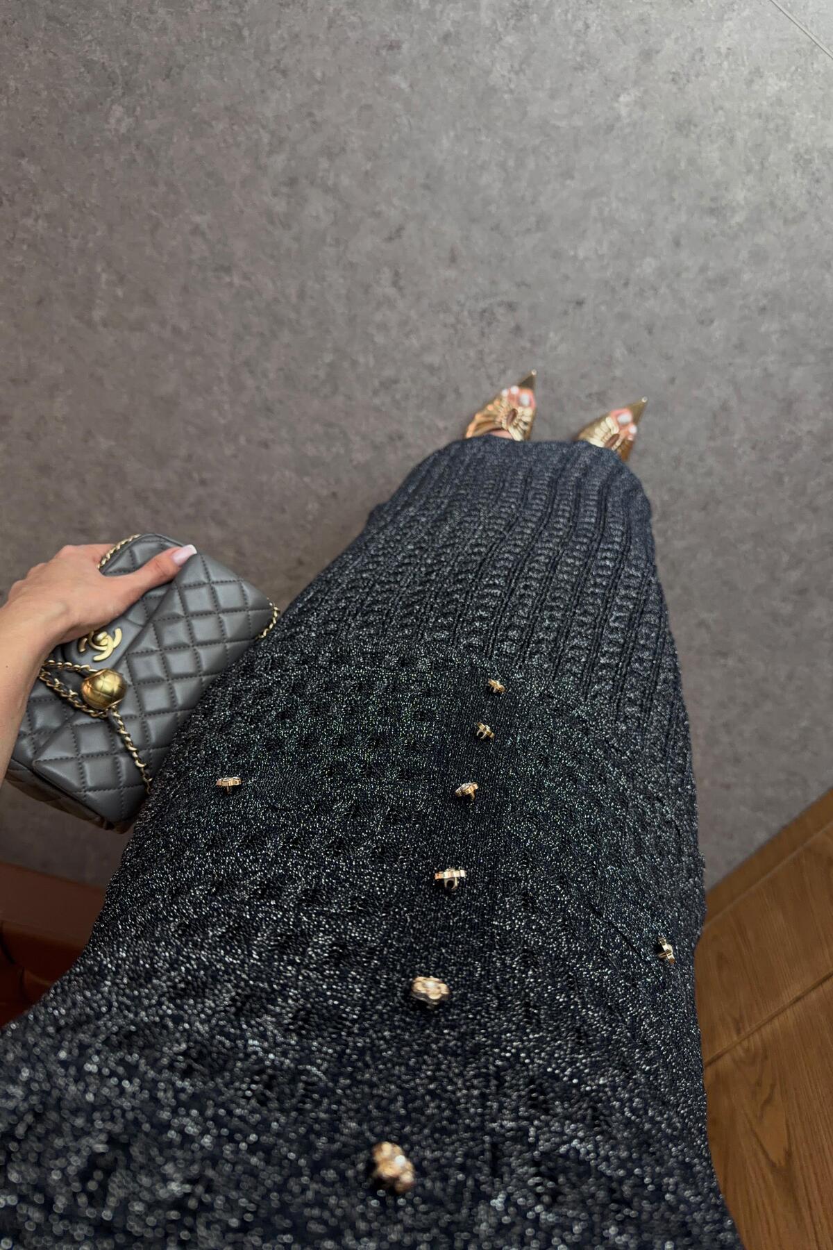 HAZELANNA  Simli Ajurlu Lacivert Elbise - Görsel 6