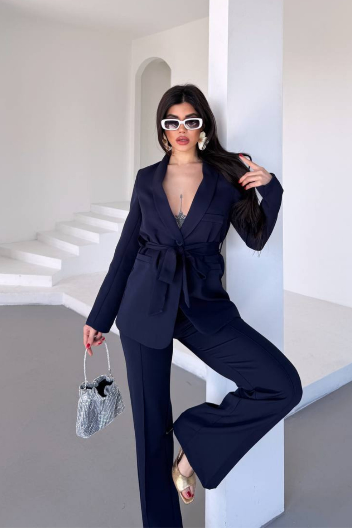 Generic Brands Tie-Waist Belted Shawl Collar Blazer Jacket Flared Leg Stretchy Pants Suit