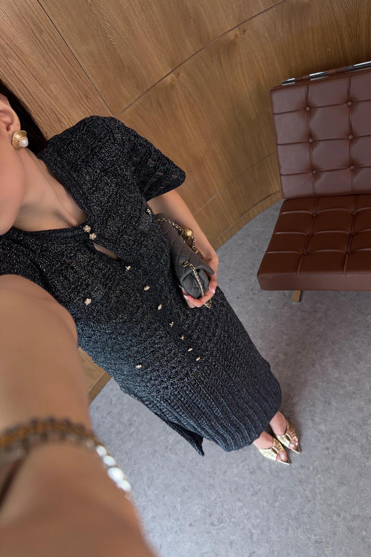 HAZELANNA  Simli Ajurlu Lacivert Elbise - Görsel 5