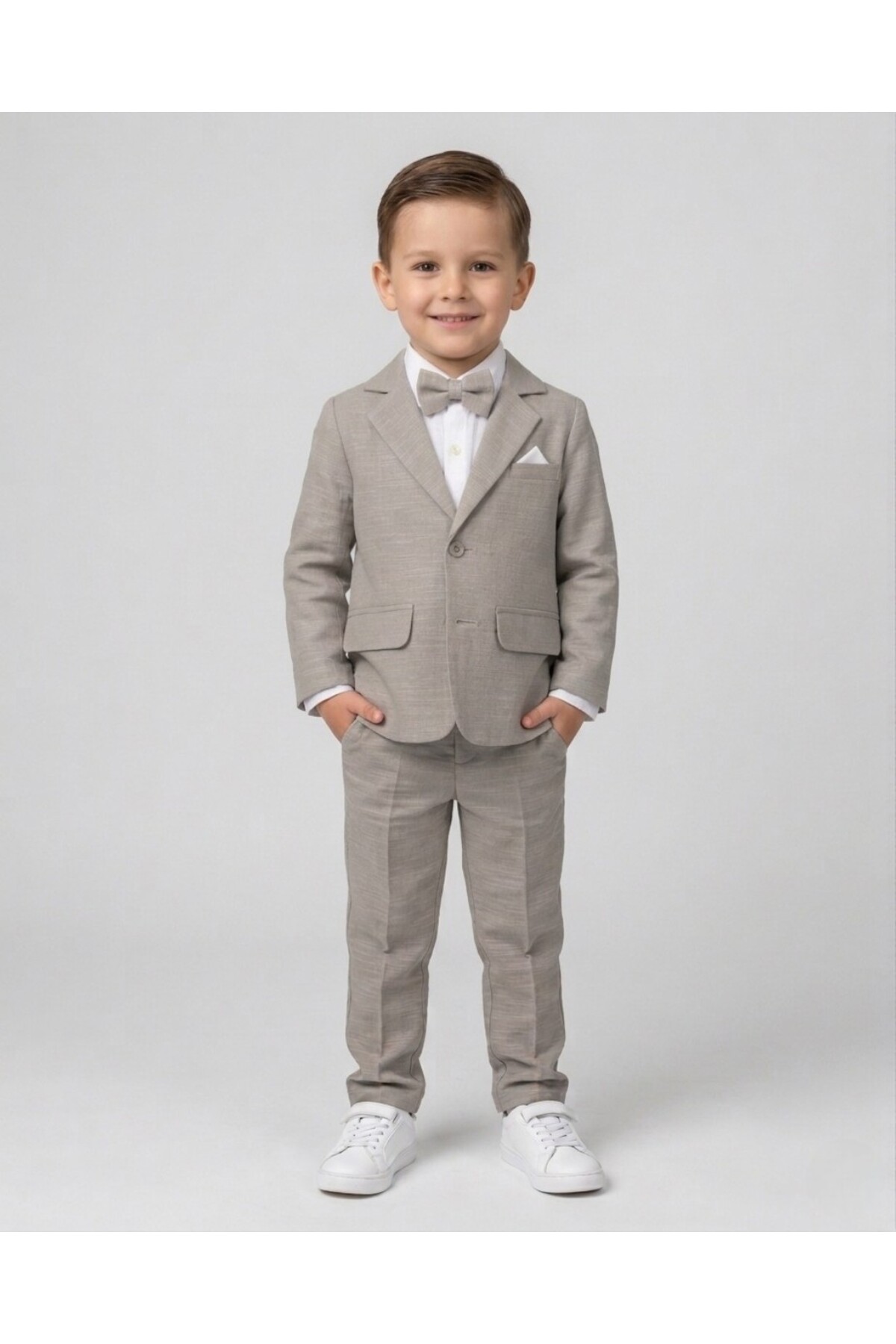 VOY KİDS Boy's 2-9 Years Old 3-Piece Stylish Bow Tie Holiday Suit with Linen Trousers, Shirt and Jacket, 100% Cotton