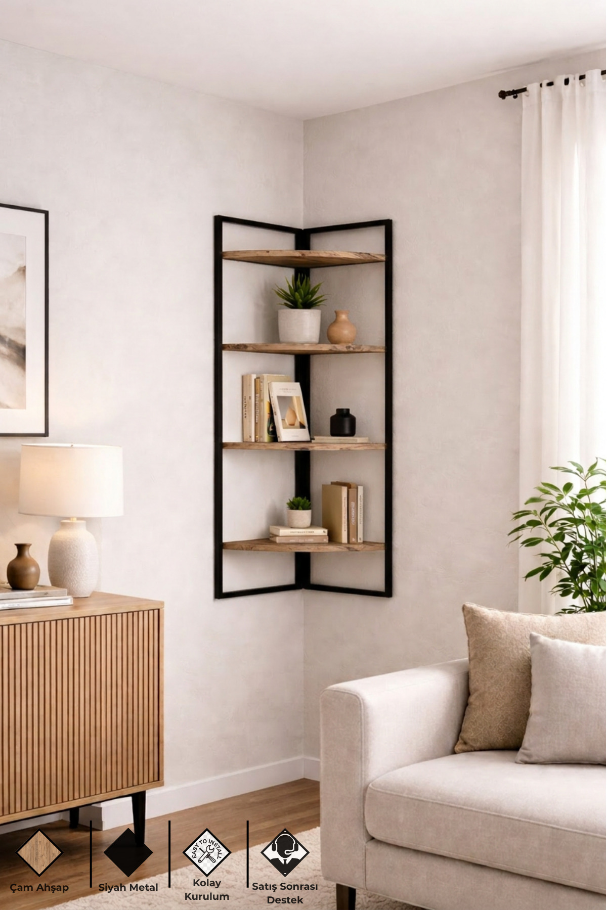 Corner Wall Shelf, 4 Tiers ,Black Metal, Modern Decorative Wall Mounted Shelf, Bookcase,