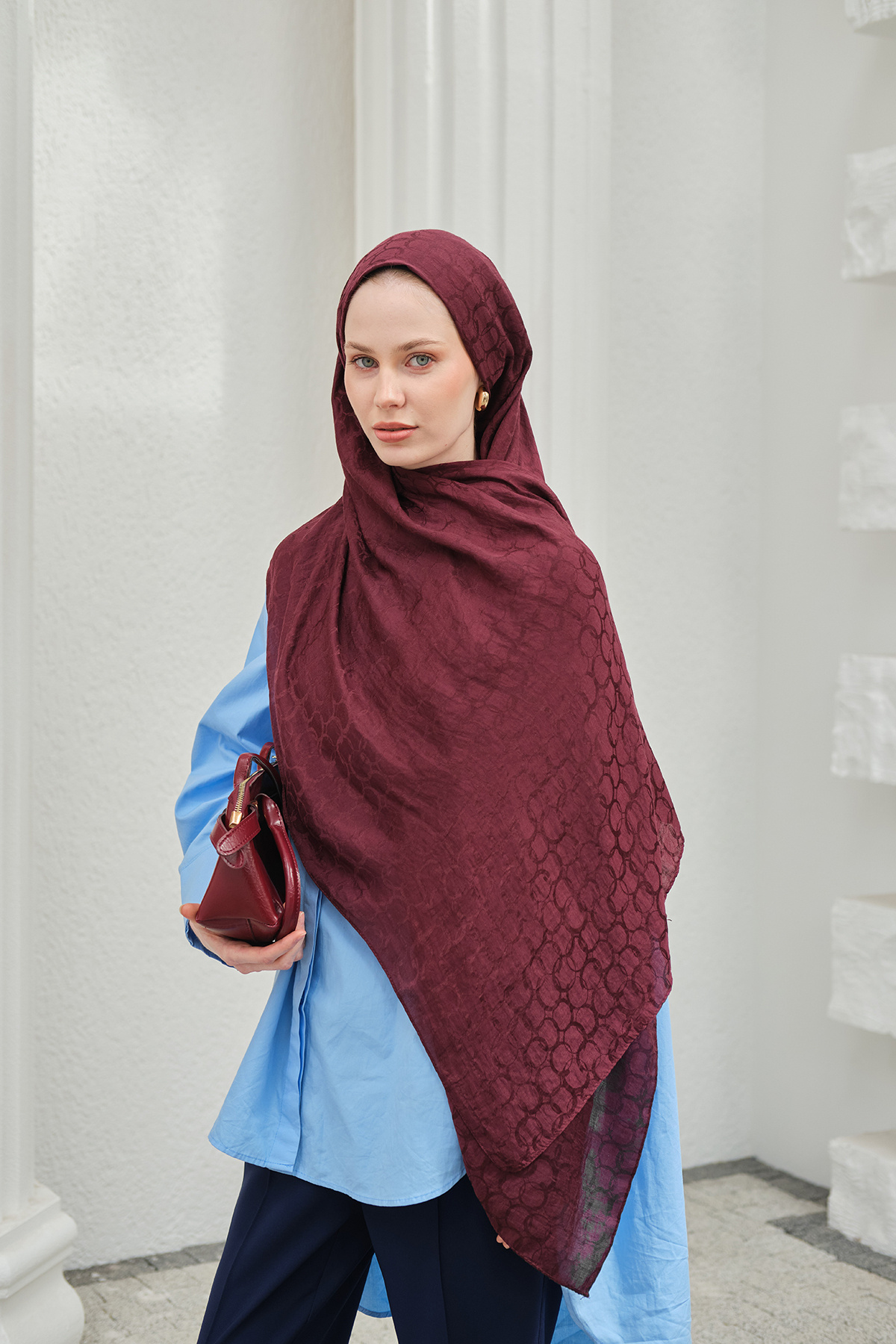 Mira İpek  Döngü Desen Pamuk Ayrobin Jakar Şal Kadın