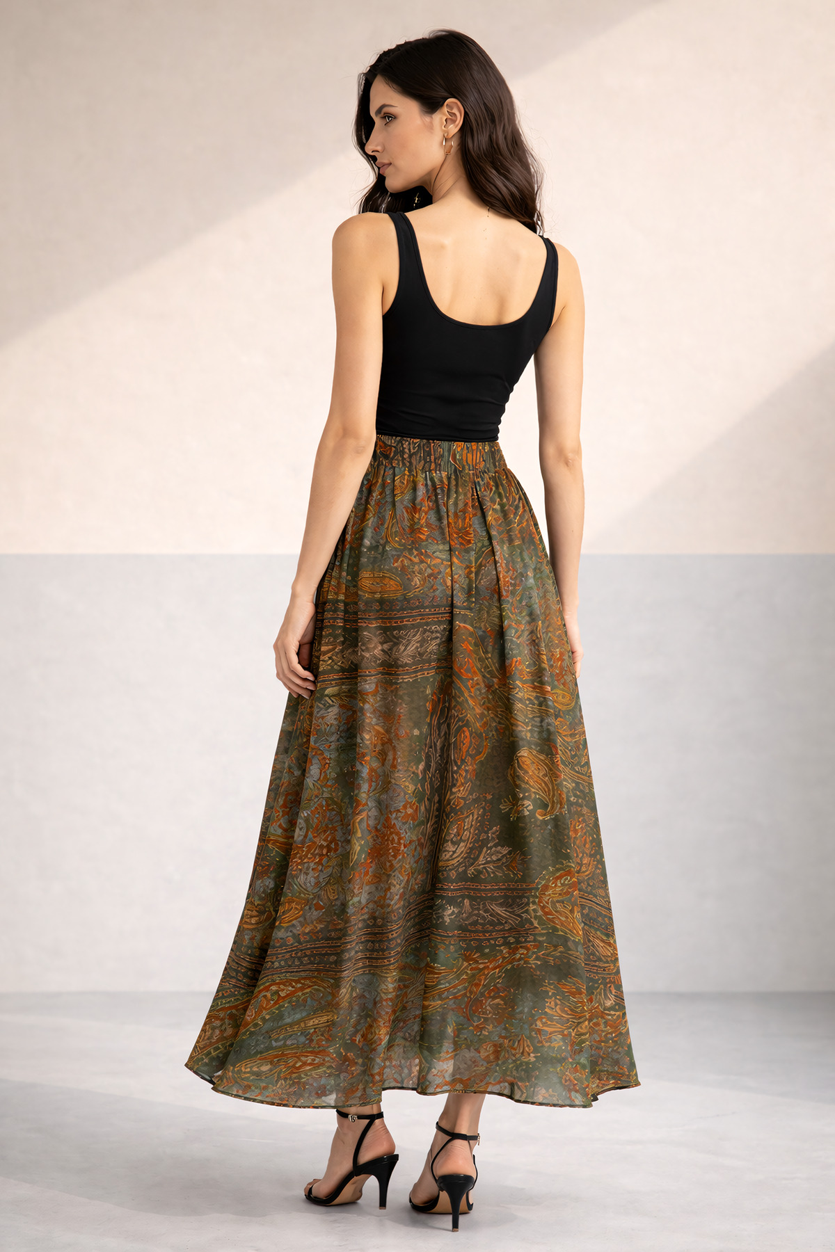 Sienza  Yüksek Bel Bohem Şal Desenli Midi Etek – Akışkan Kumaş, Lastikli Bel, Premium Günlük & Şık Kombin - Görsel 6