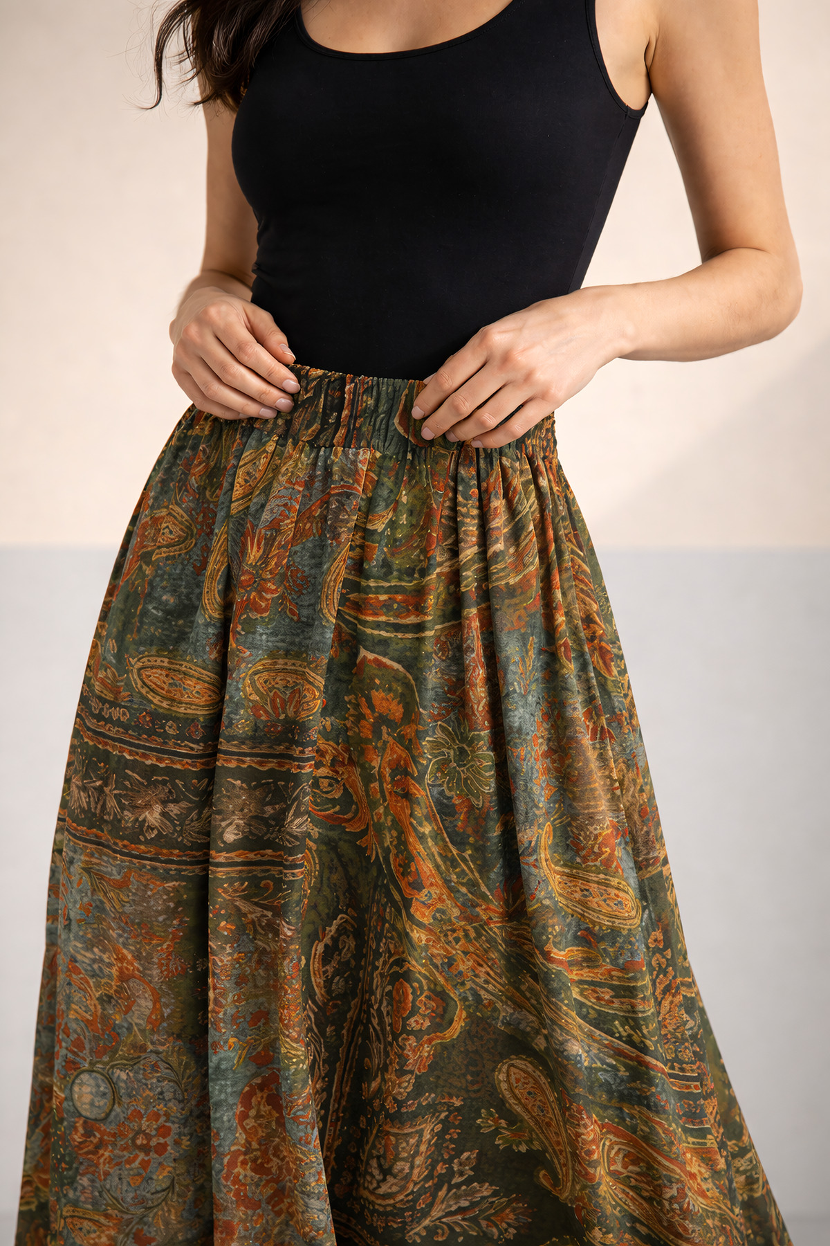 Sienza  Yüksek Bel Bohem Şal Desenli Midi Etek – Akışkan Kumaş, Lastikli Bel, Premium Günlük & Şık Kombin - Görsel 2