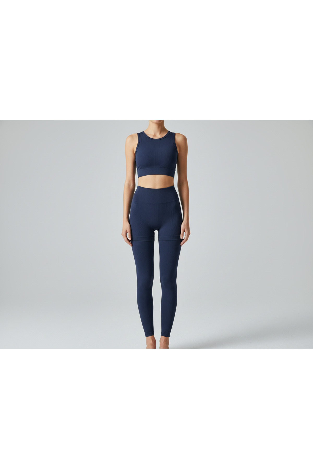 Premium 3-Piece Sports Suit Navy Blue – Diving Fabric High Waist Wrapper (Leggings-Biker Shorts-Crop)