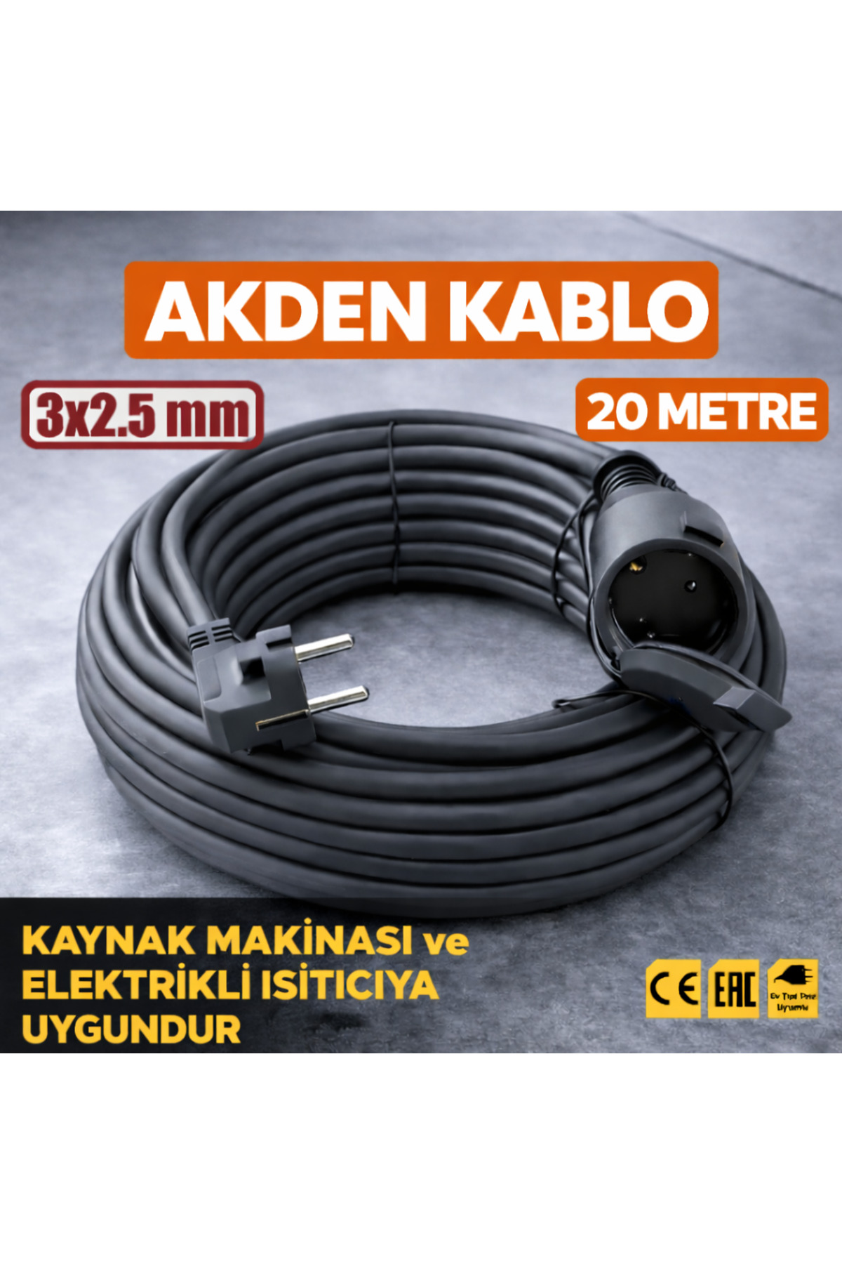 AKDEN Kablo 20 Metre 3x2,5mm Uzatma Kablosu Tam Kesit Kaynak