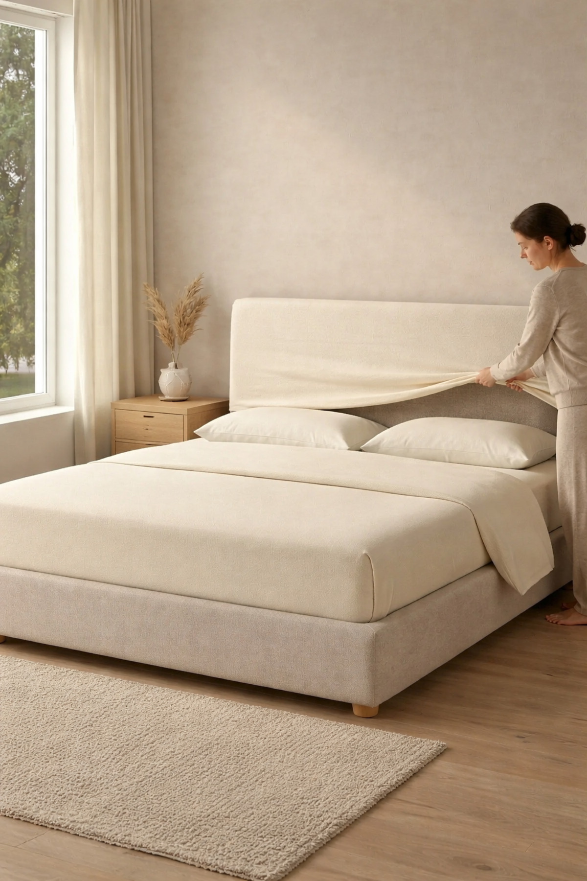 Plain Cream Color Bed Base Headboard Cover FabricTLABKK-005