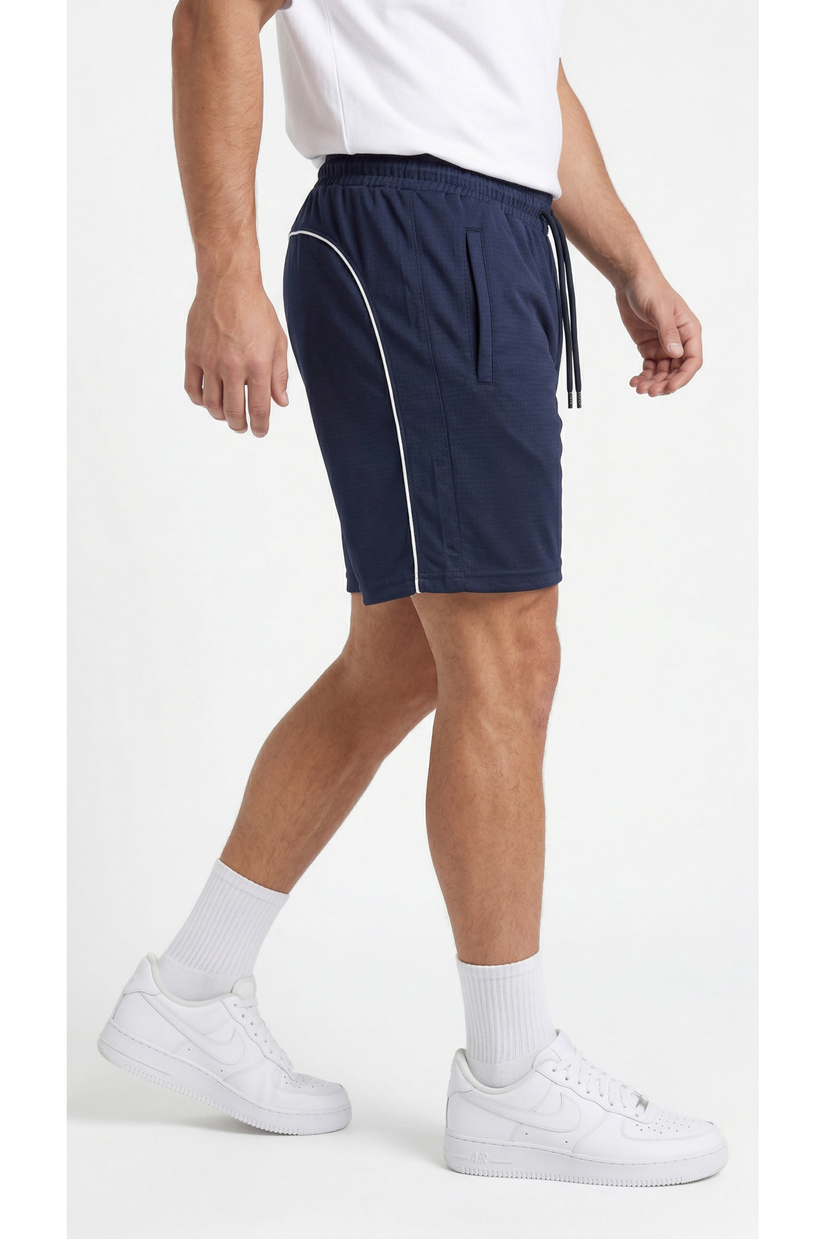 TKT Men's Navy Blue Color Shorts with Zipper Pocket Detail, Back Pleats, Breathable Patterned Fabric