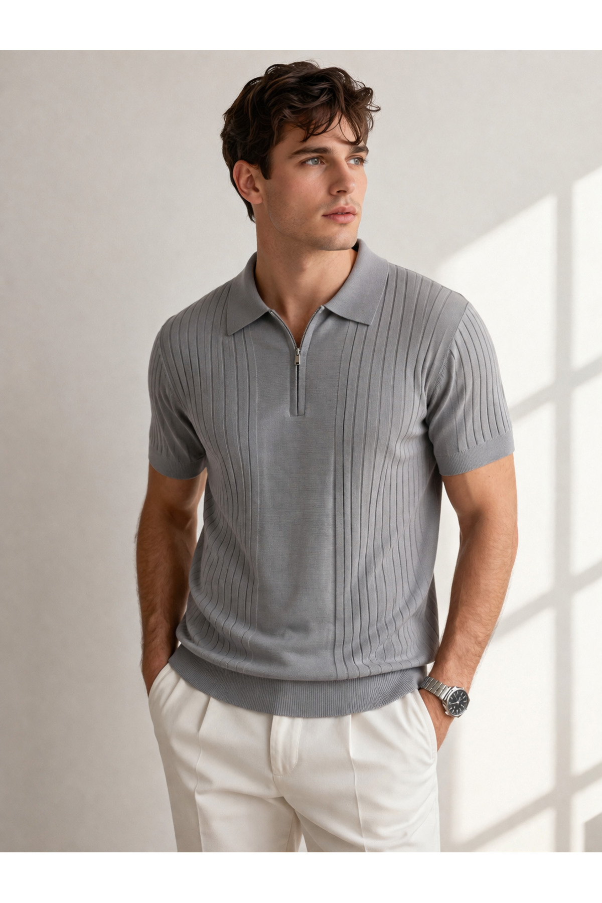 KAREL BUTİK Gray Zippered Regular Fit Polo Collar T-Shirt