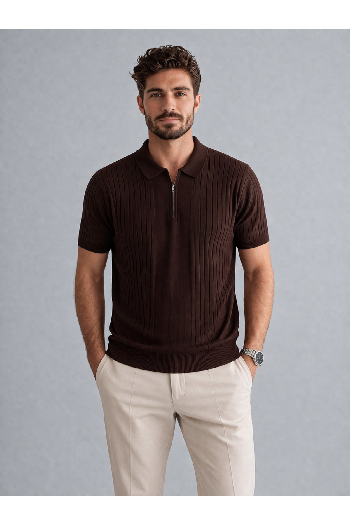 KAREL BUTİK Brown Zippered Regular Fit Polo Collar T-Shirt