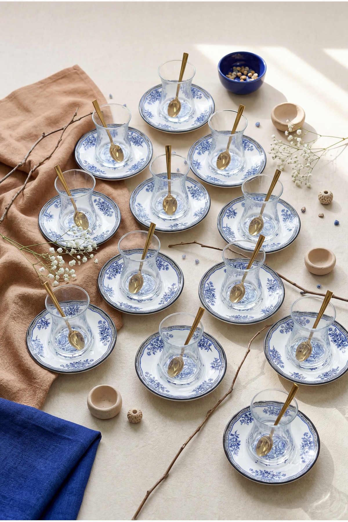 ers erbaşlar Antique Cobalt Blue Gold Decorated Luxury 24 Piece Tea Set for 12 People, Tea Set