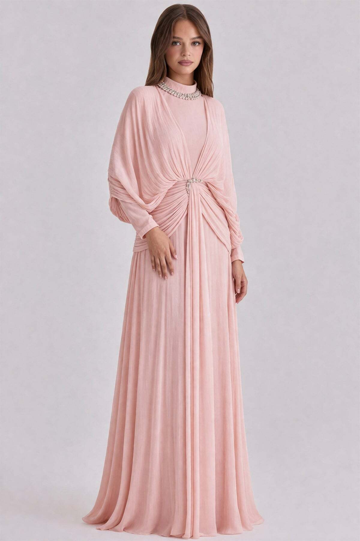 Olcay Yoryo Seiden-Tesettür-Abendkleid mit Stein- und Volon-Details PUDRA 1254