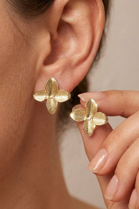 Elika Silver Gold Işıltılı Yonca Model Vintage Küpe