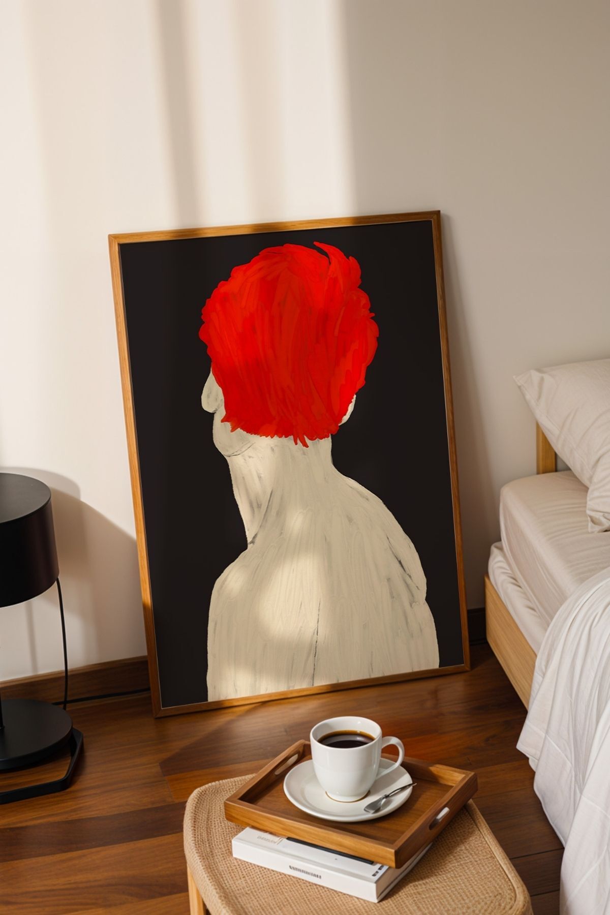 Modern Portre Tablo Kırmızı Saçlı Figür Poster Minimal Sanat Duvar Dekoru Çerçevesiz