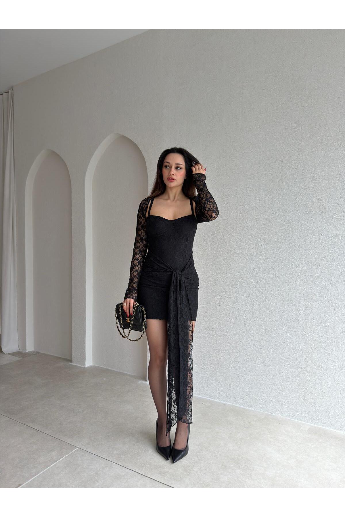 Mooi Butik CLANCY Dantelli Mini Elbise 2154 - Siyah - Fiyatı