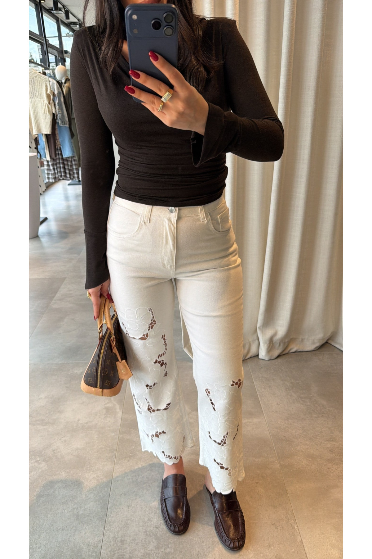 My Blog  Ekru Çiçek İşlemeli Yüksek Bel Jean - 0798 - Görsel 2