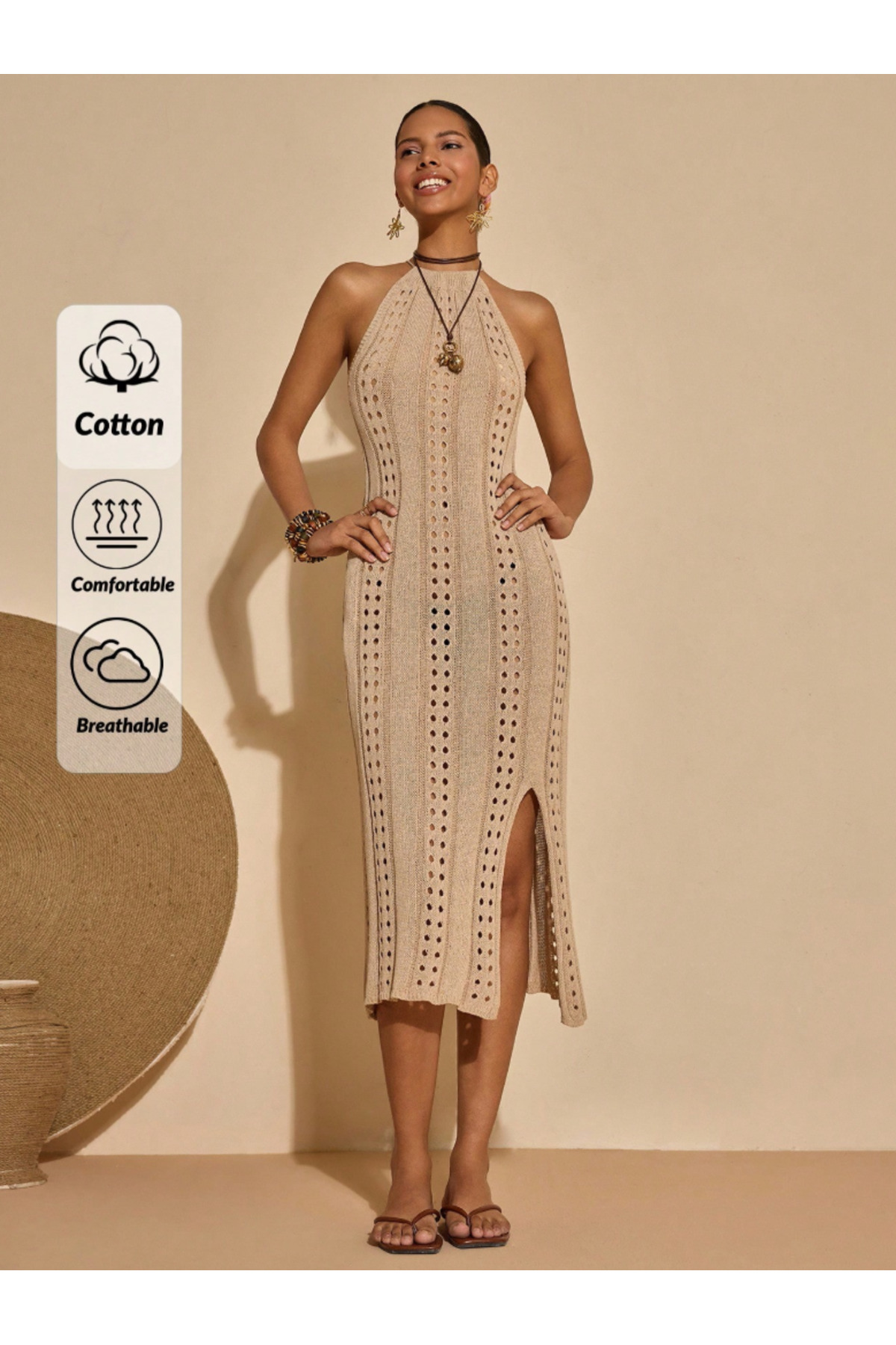 Cotton Opaque Knitwear Dress Women Summer Midi Beach Dress with Neckline