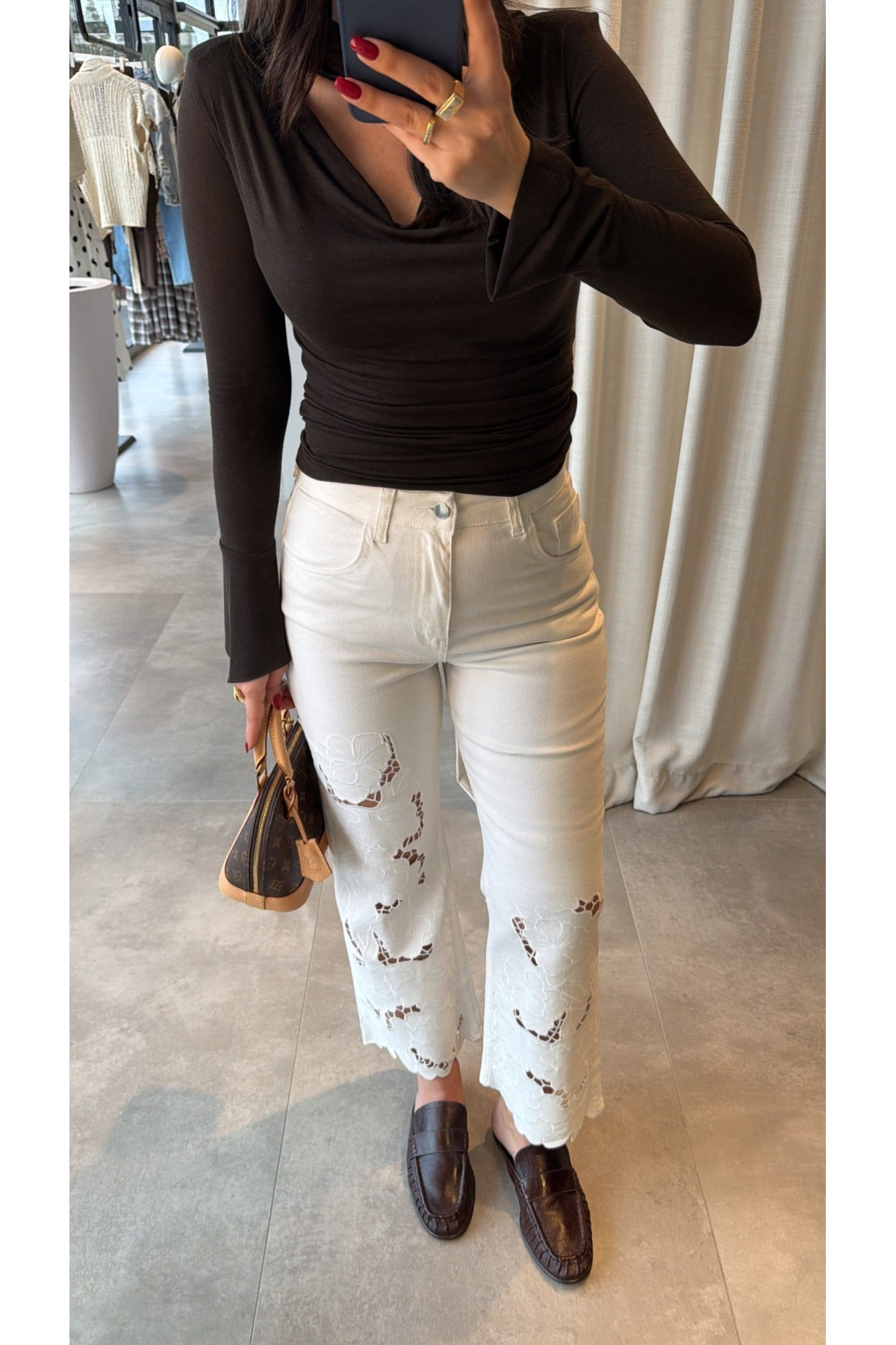 My Blog  Ekru Çiçek İşlemeli Yüksek Bel Jean - 0798 - Görsel 4
