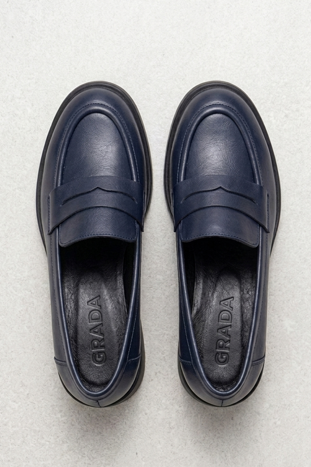 GRADA  Lacivert Hakiki Deri Kadın Topuklu Loafer Ayakkabı Gerçek Deri Topuklu Günlük Loafer Ayakkabısı - Görsel 3