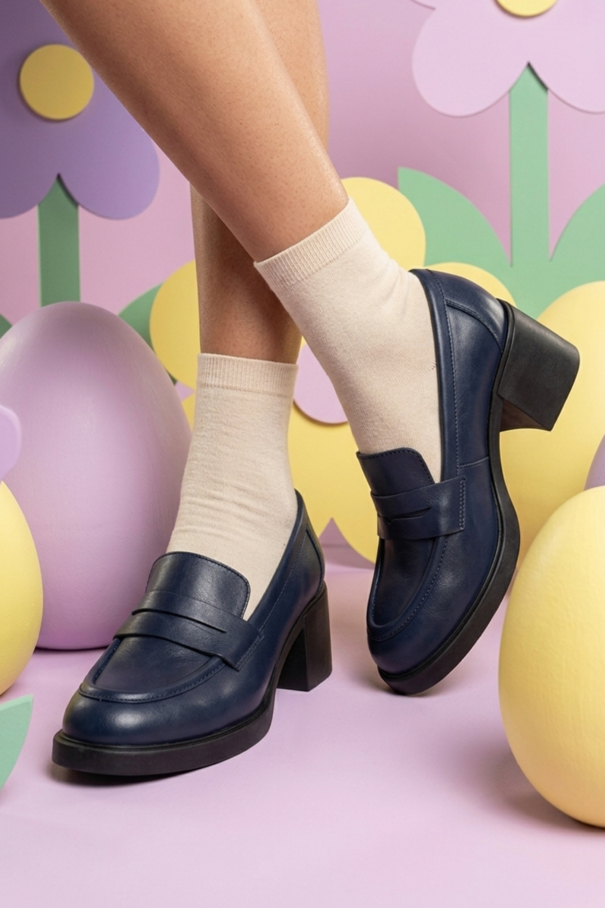 GRADA  Lacivert Hakiki Deri Kadın Topuklu Loafer Ayakkabı Gerçek Deri Topuklu Günlük Loafer Ayakkabısı - Görsel 8