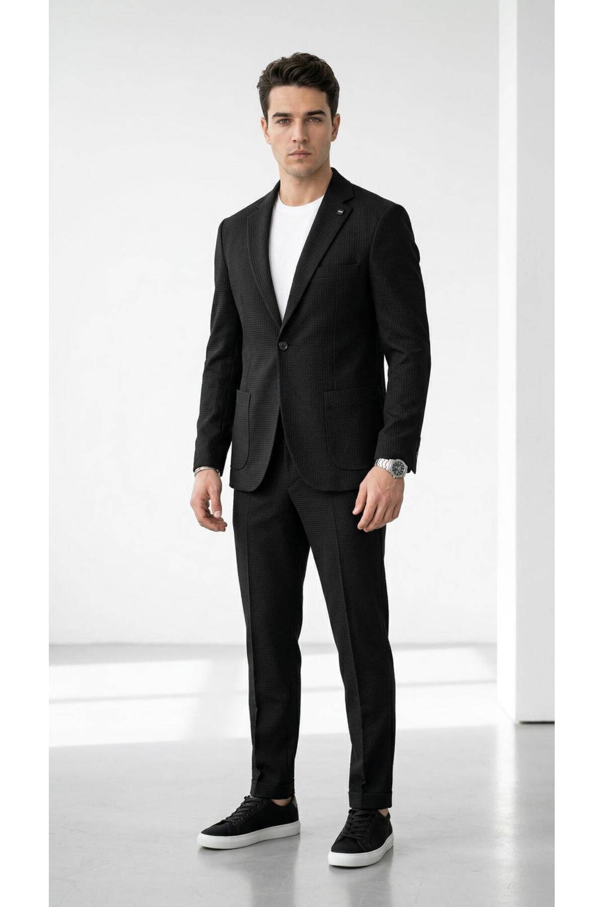 Plus Scorpion Erkek Yazlık Kumaş Tek Düğme Ceketli Jogger Pantolonlu Takım Elbise Slim Fit Spor Şık Kombin görsel 2