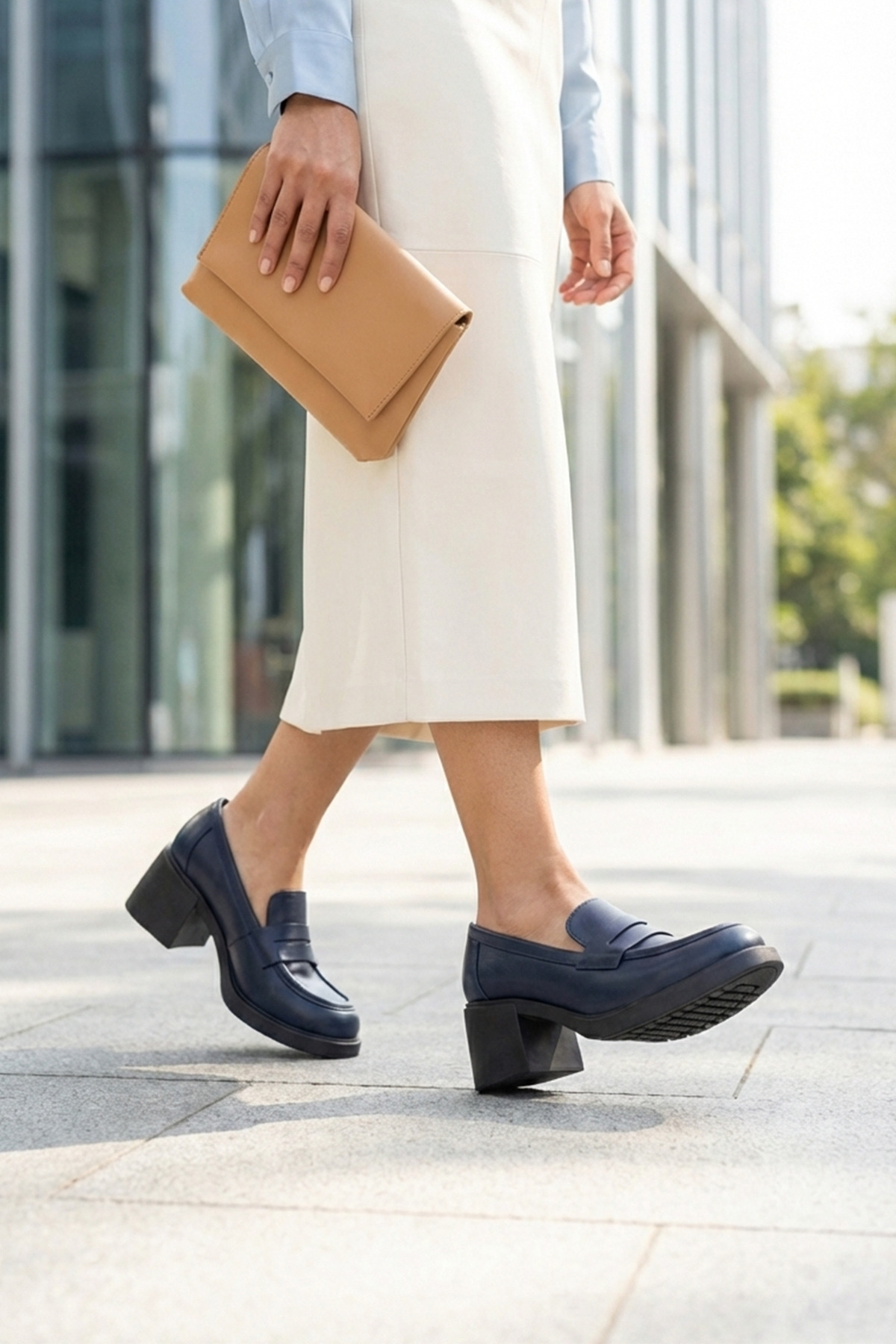 GRADA  Lacivert Hakiki Deri Kadın Topuklu Loafer Ayakkabı Gerçek Deri Topuklu Günlük Loafer Ayakkabısı - Görsel 5