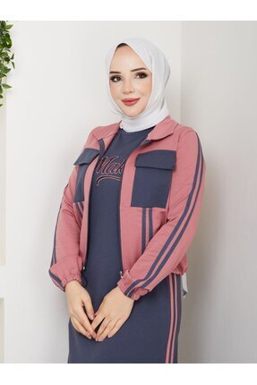 moda4b Kadın 2'li Takım Uzun Elbise ve Cepli Ceket İki İplik Pamuk Şık Spor n...