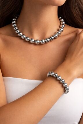 Arescollection LÜX PARLAK İNCİ KOLYE BİLEKLİK SET ( 16 MM )