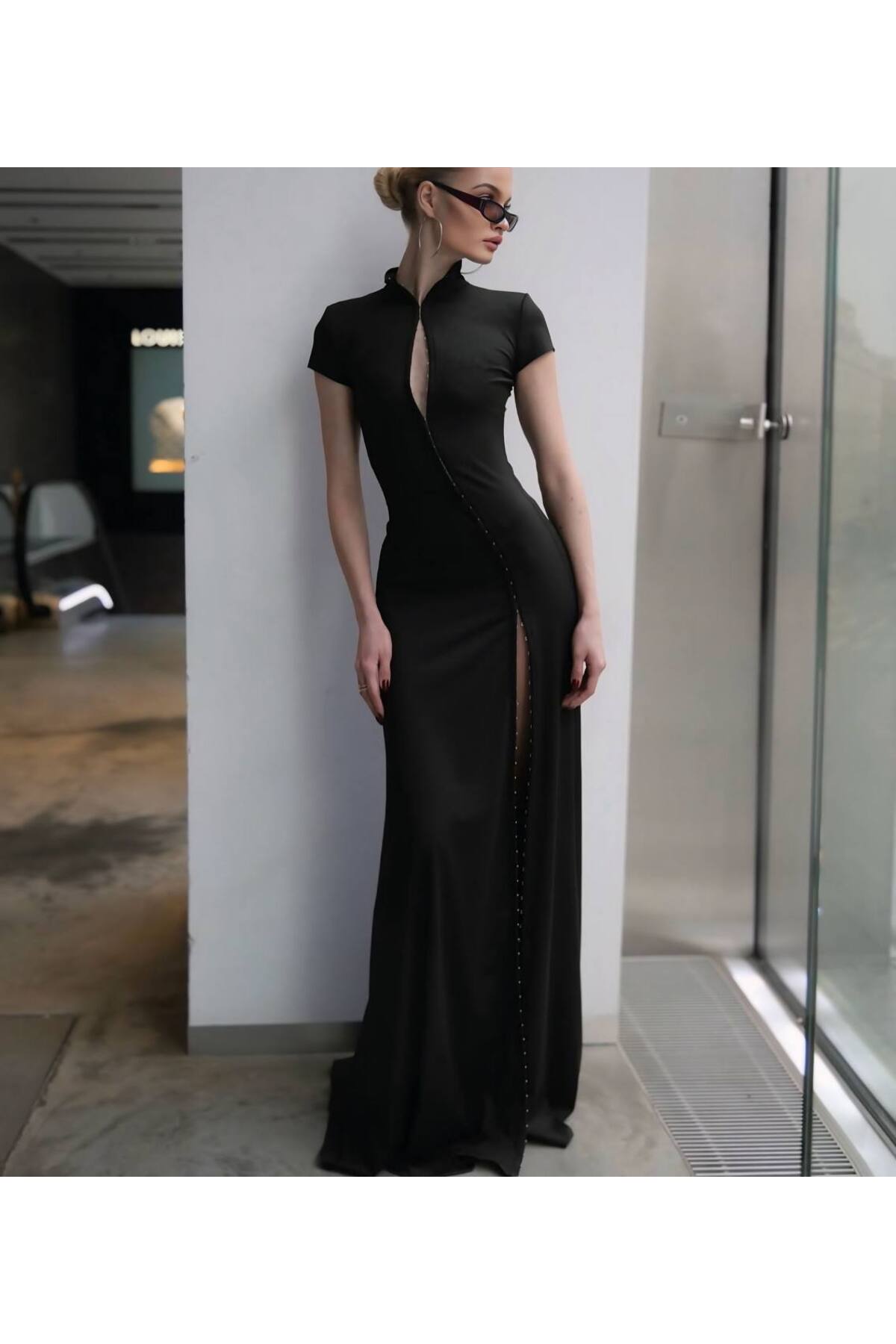 Friday Mood  Kadın Siyah Agraf Detaylı Maxi Elbise - Görsel 7