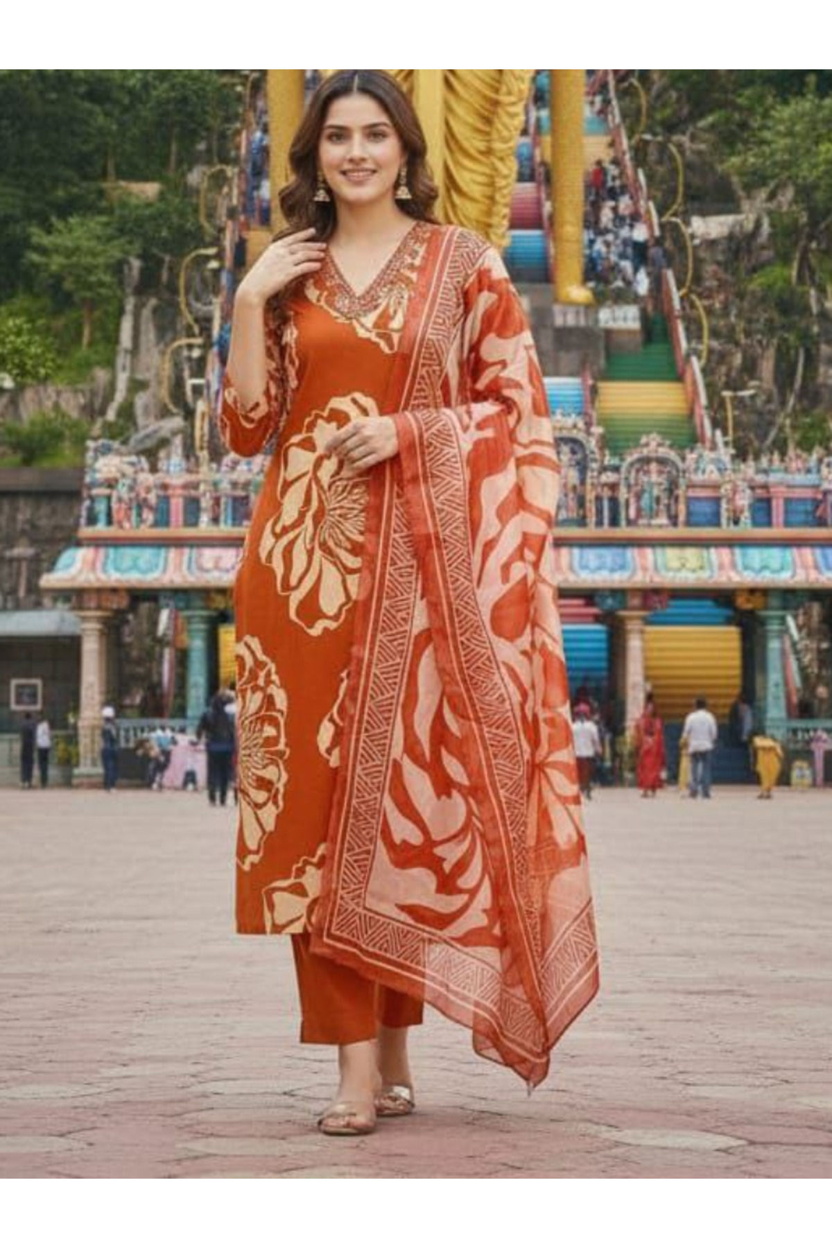 MYSMAR Orange Cotton Top Bottom & Dupatta - FFT6723 | Orange-Size:(S-36-Inches)