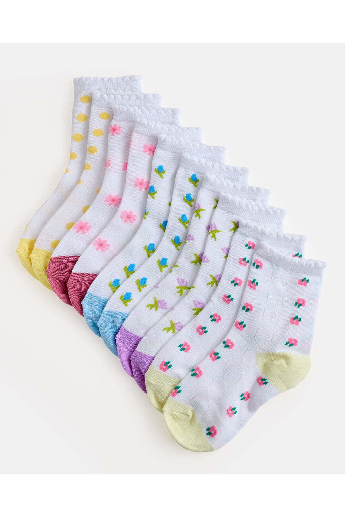 REDTAG Girls Assorted Crew Socks With Scallop Edge Welt Pack Of 5