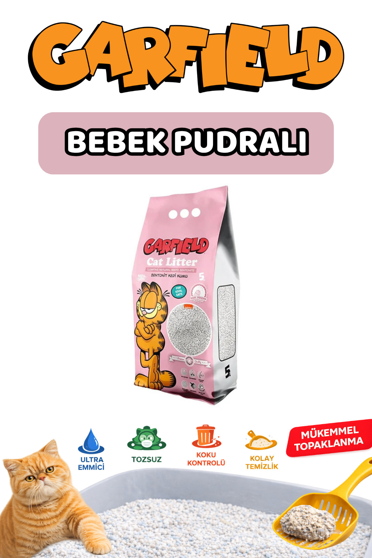 GARFIELD Kedi Kumu Bebek Pudralı 5LT– Ultra Emici Topaklanan Kum - Fiyatı, Yorumları