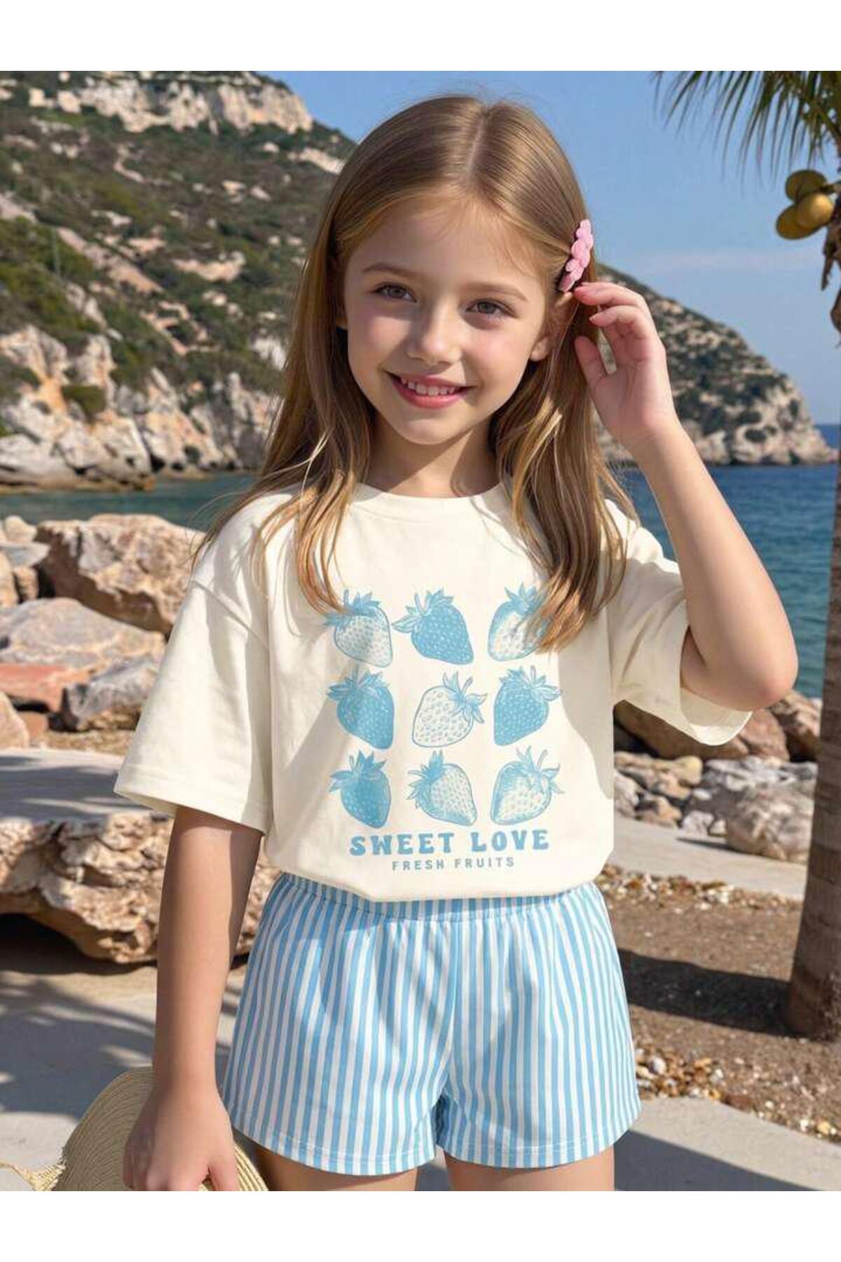 Girl Sweet Love Blue Strawberry Printed White T-Shirt-Blue White Striped Shorts Set