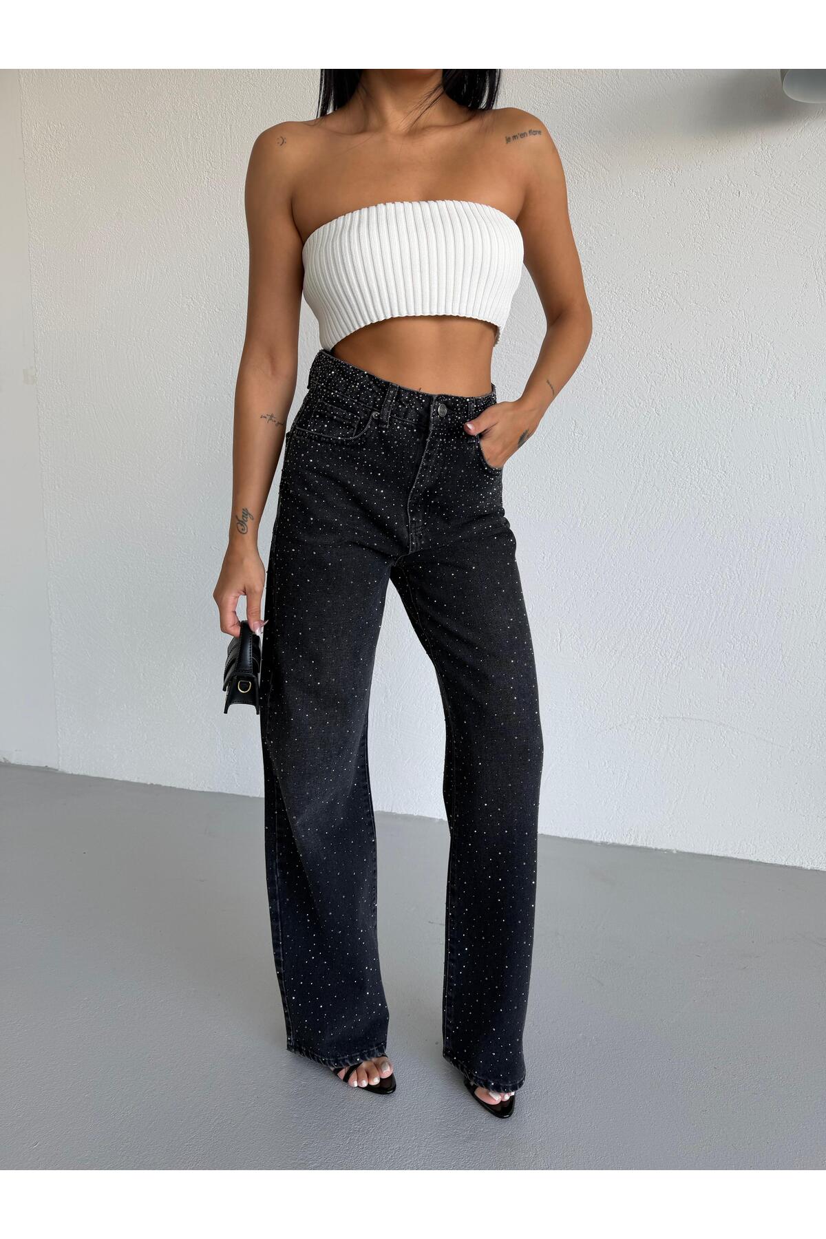 Vooz  Kadın Taşlı Wide Leg Jean Yüksek Bel Geniş Paça Denim Pantolon Siyah Füme Antrasit - Görsel 8