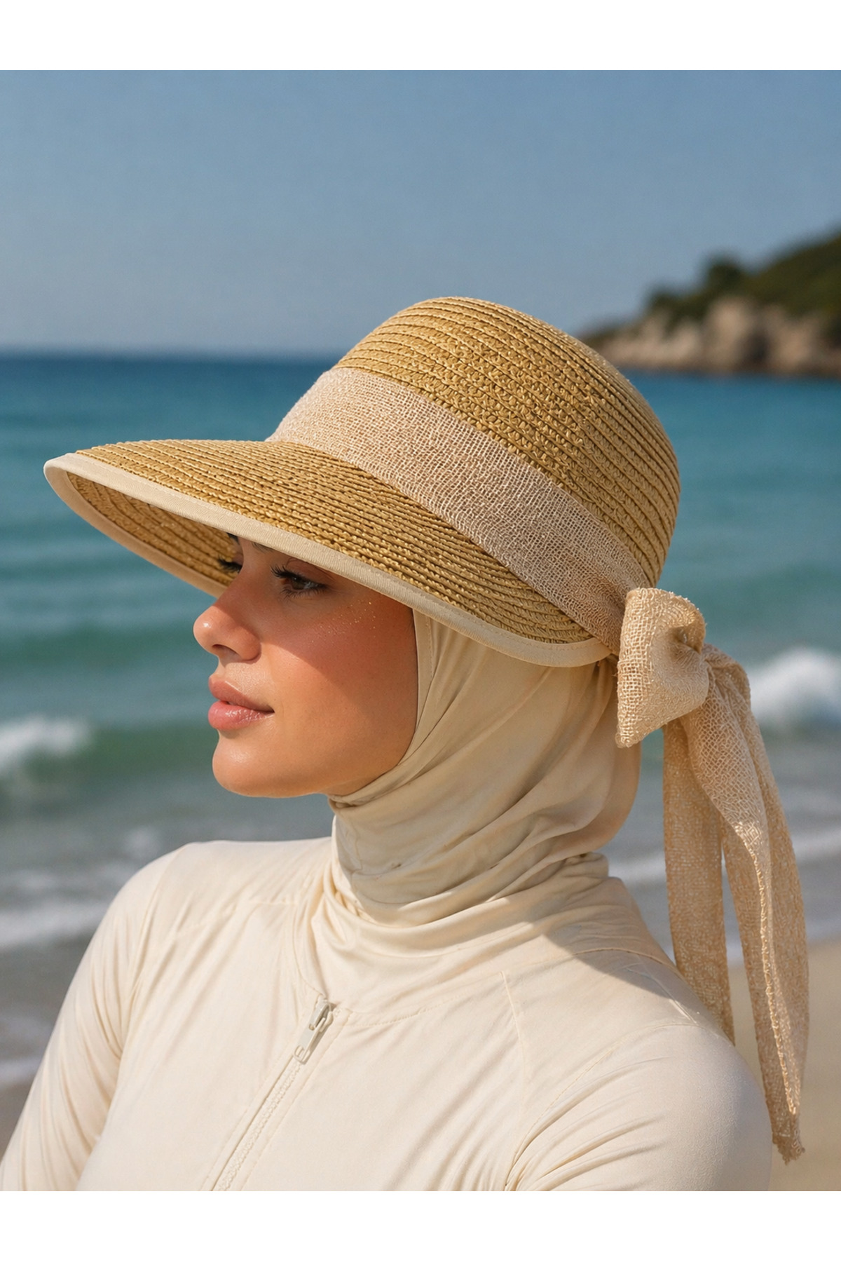 Women's Premium Straw Hat Back Adjustable Velcro Hijab Summer Sun Hat