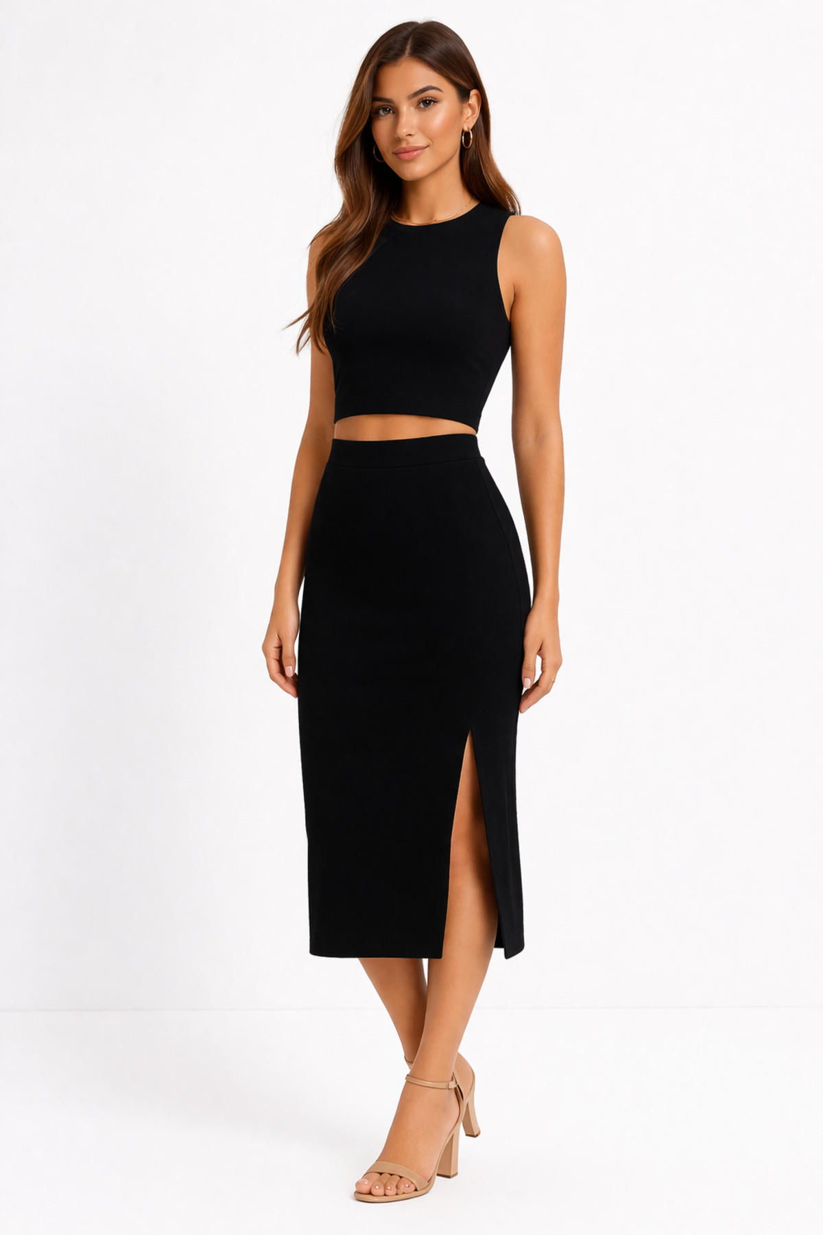 buğlem collection  Elegance Kadın Kaşkorse Etek Takım Yırtmaçlı Midi Etek Crop Bisiklet Yaka Kolsuz Likralı