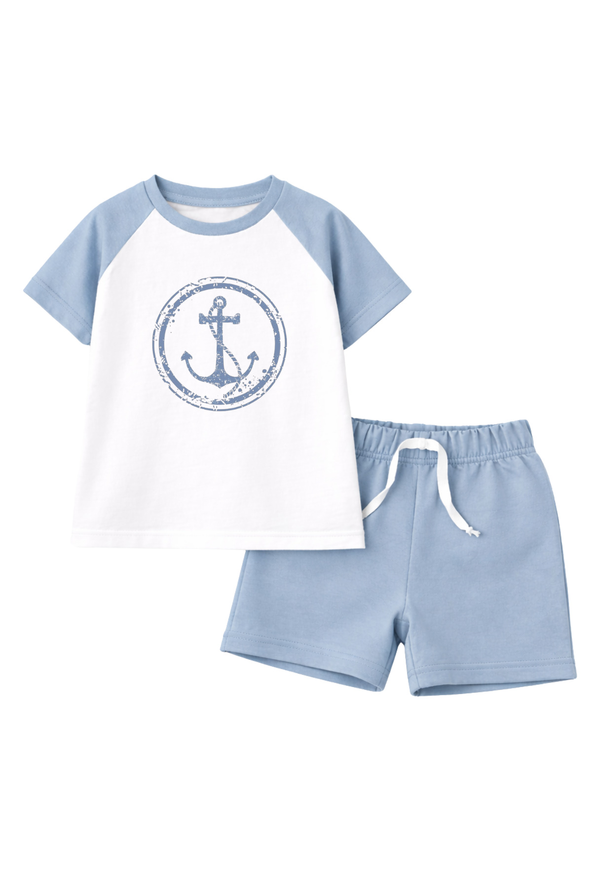 Boys Blue Shorts Set – Anchor Printed Raglan Sleeve Cotton Summer 2pcs Set
