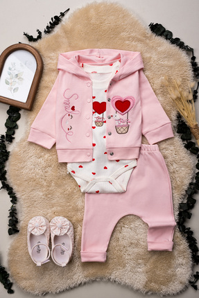 Hopy Kids 1031 Nakışlı %100 Pamuk Kız Bebek 3'lü Takım 3-6-9 Ay Kompak Penye
