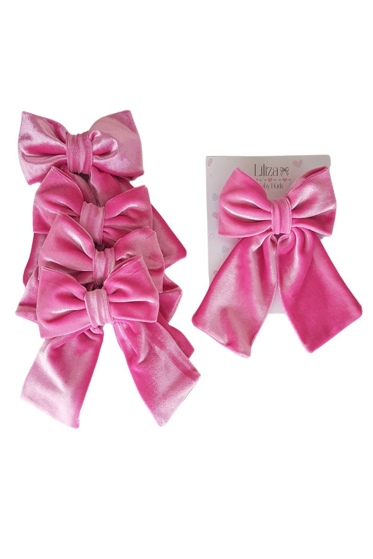 Liliza Accessories Şeker Pembe İpek Kadife Çocuk Yetişkin Kuyruklu Fiyonk Otomatik Toka görsel 3
