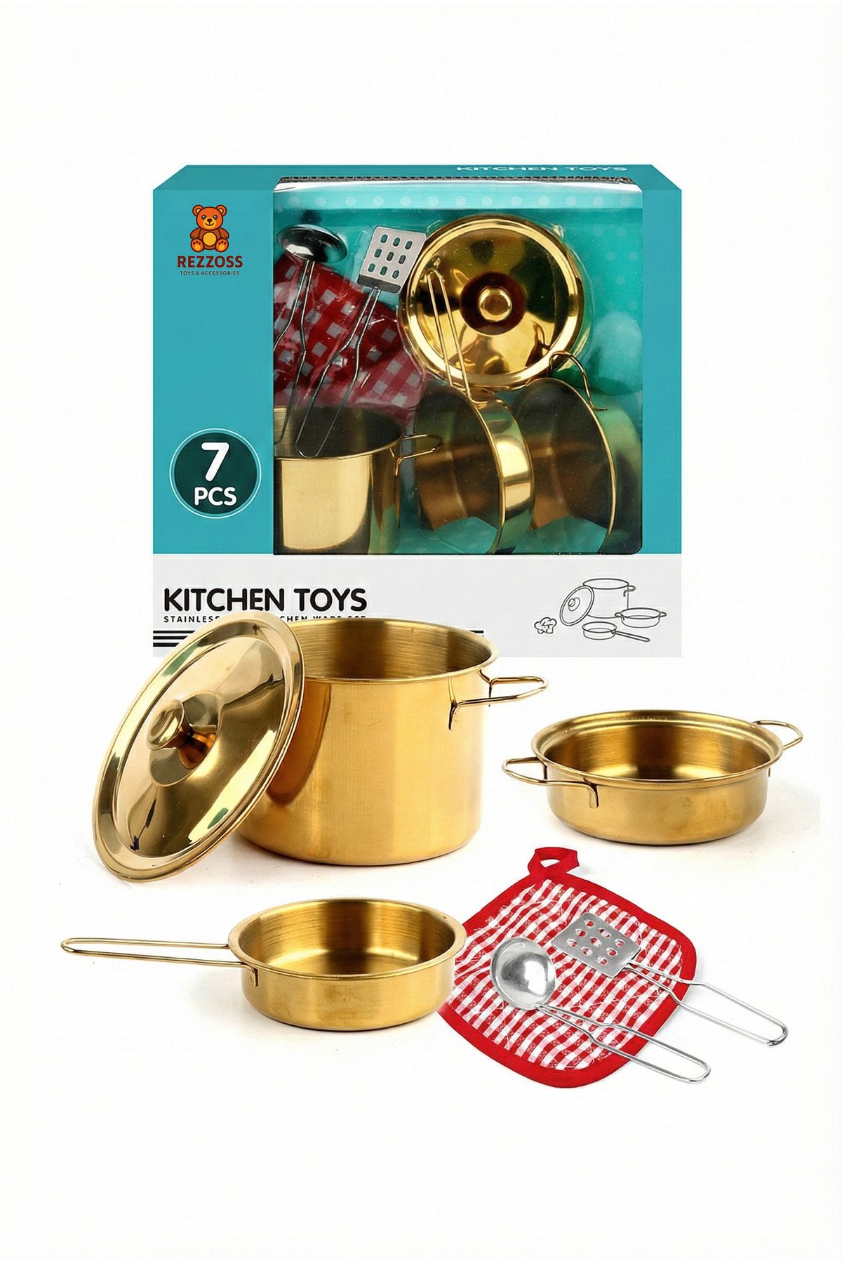 REZZOSS 7Pcs Kids Kitchen Playset Premium Gold Stainless Steel Pretend Play Cooking Utensils Lids Pot Holder
