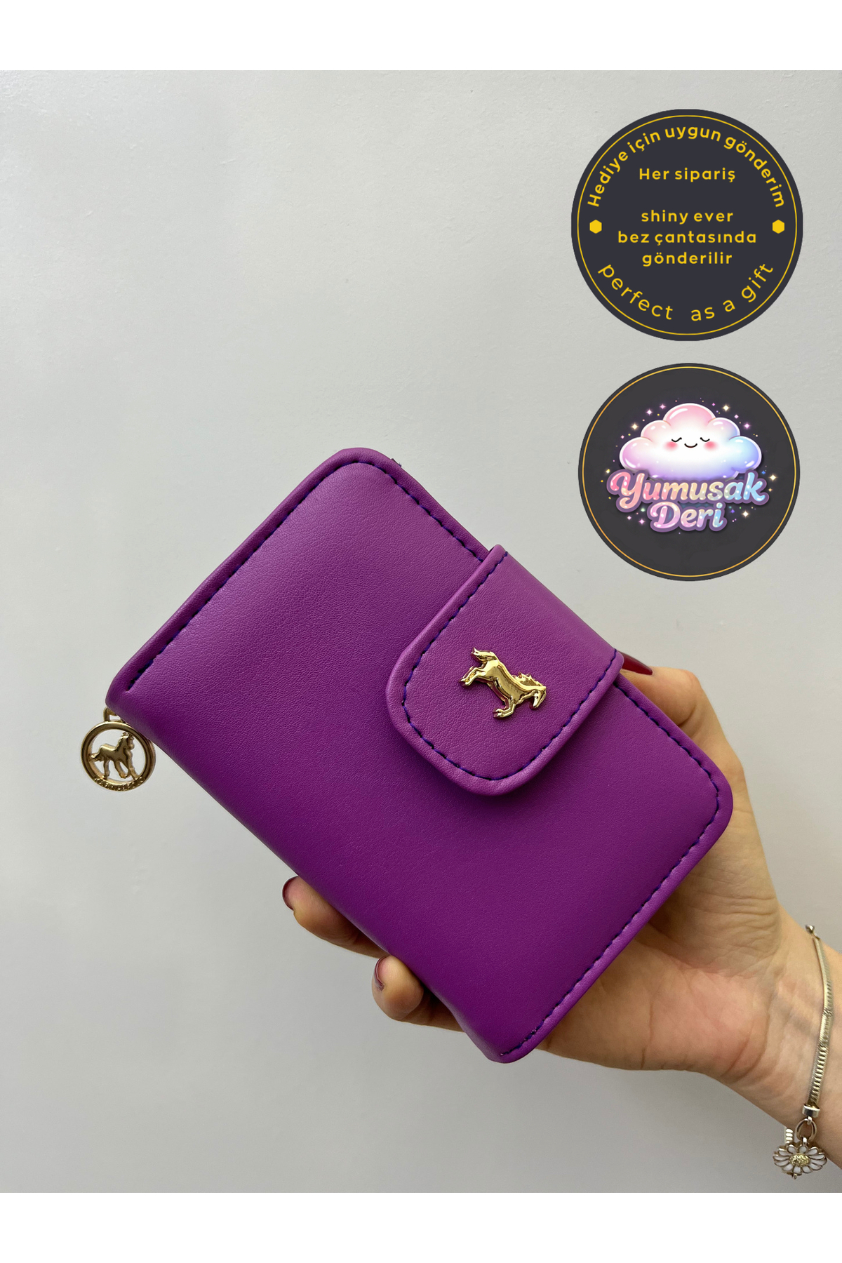 shiny ever  Mor Yumuşak Deri Kadın Cüzdan Gold Detaylı