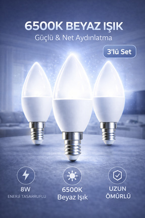 Edison 8W LED Ampul E14 Duy 6500K Beyaz Işık Buji Mum Tipi Tasarruflu İnce Du...