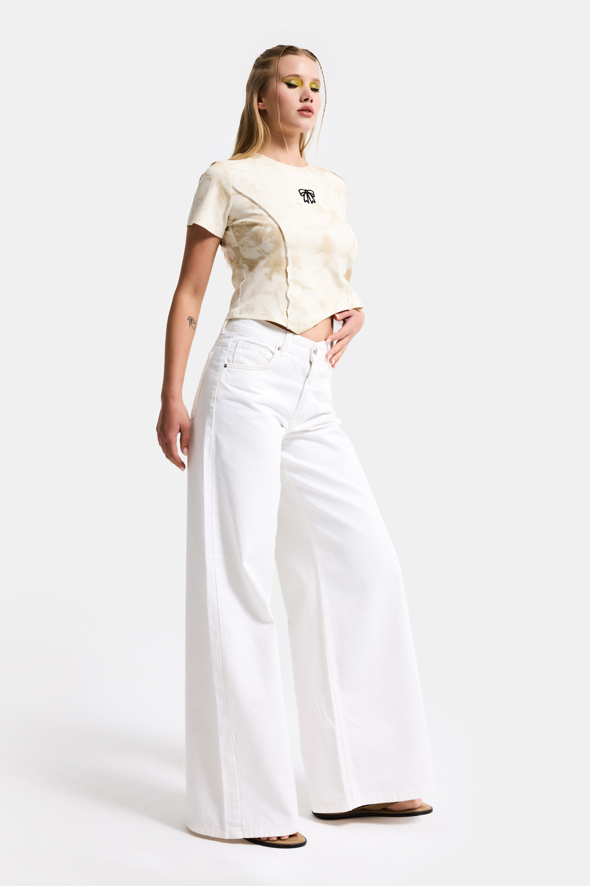 it's basic  Kadın Kırık Beyaz Hera 7s6-101 Palazzo Fit %100 Koton Denim Jean - Görsel 8