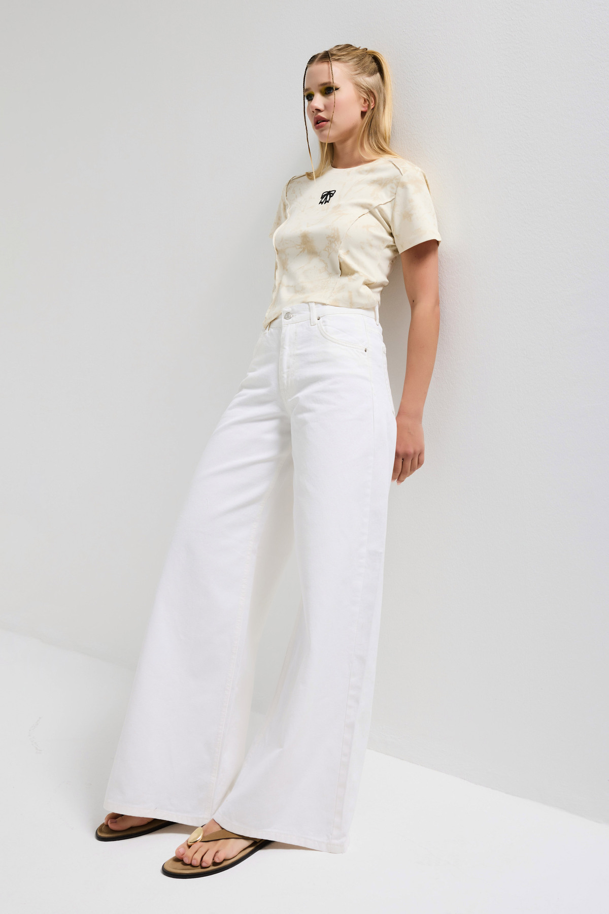 it's basic  Kadın Kırık Beyaz Hera 7s6-101 Palazzo Fit %100 Koton Denim Jean - Görsel 7