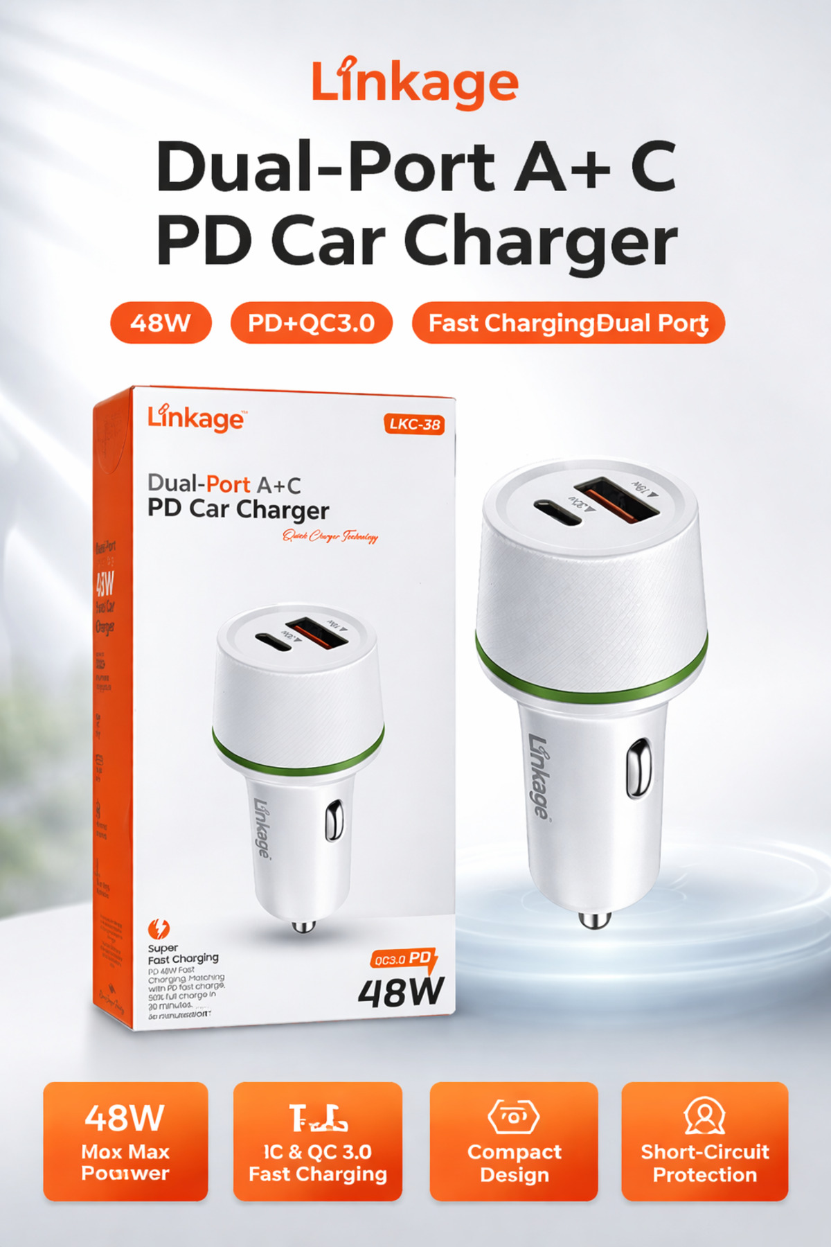 LKC-38 48W PD + QC3.0 Hızlı Araç Şarj Cihazı Çift Girişli Type-C & USB