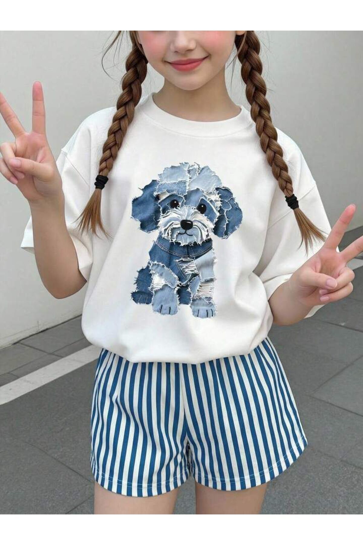 Girl Blue Dog Printed White T-Shirt-Blue White Striped Shorts Set