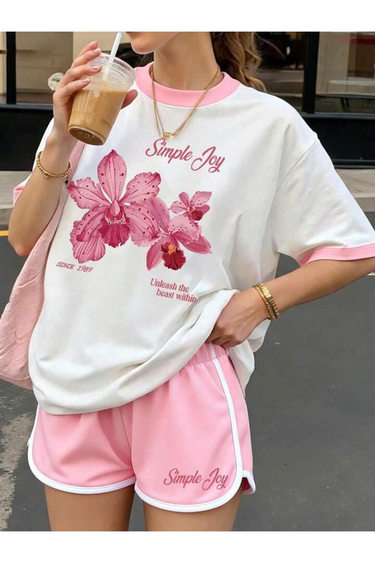 Girls Simple Joy Printed Pink Ribbed White T-Shirt-Pink Shorts Set